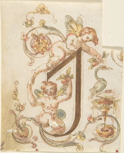 Decorative Letter "I" with Putti (Embroidery Design?) by anonymous, drawing, 1500-1599