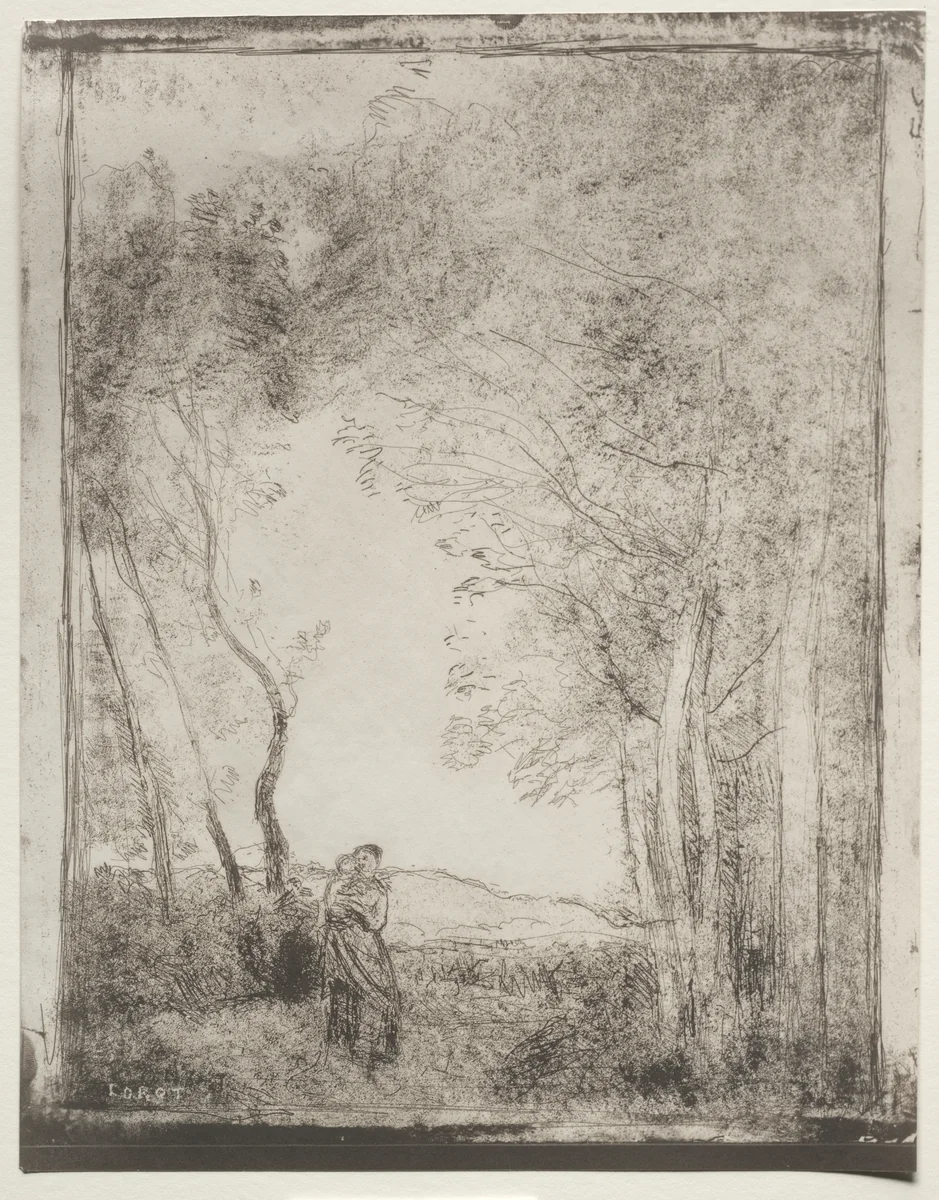 A Young Mother at the Entrance of a Wood by Jean-Baptiste-Camille Corot, print, 1921
