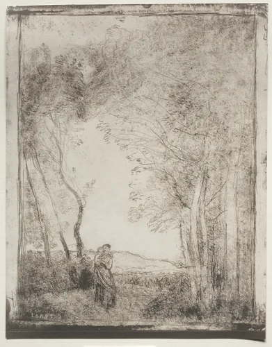 A Young Mother at the Entrance of a Wood by Jean-Baptiste-Camille Corot, print, 1921