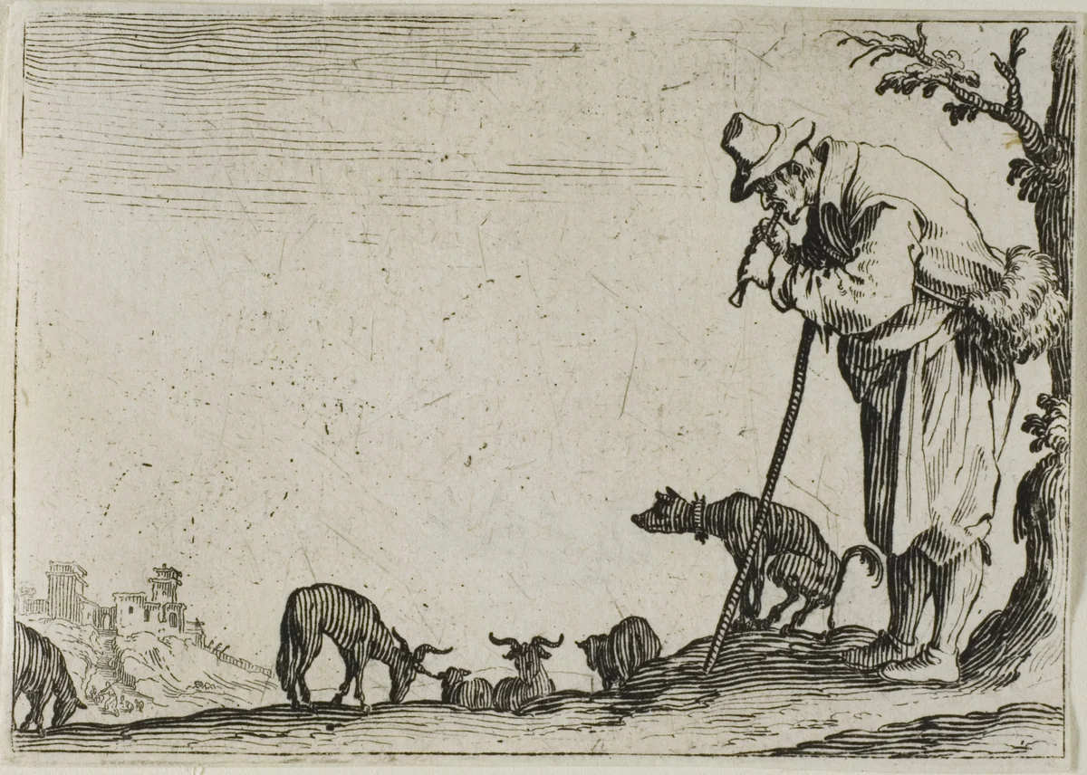 The Shepherd Playing a Flute, from The Caprices by Jacques Callot, print, 1617-1627