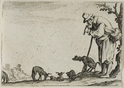 The Shepherd Playing a Flute, from The Caprices by Jacques Callot, print, 1617-1627