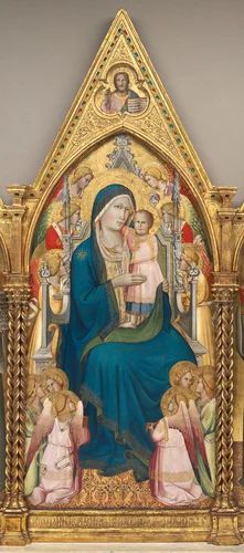 Madonna and Child Enthroned with Twelve Angels, and with the Blessing Christ [middle panel] by Agnolo Gaddi, painting, 1387