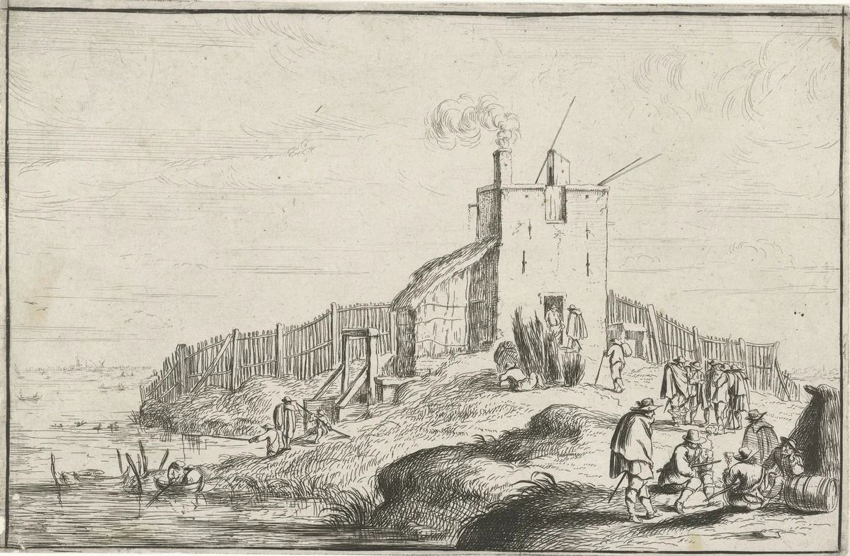 Klein fort aan een rivier by Robert van den Hoecke, print, 1632-1668