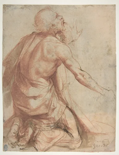 Kneeling Bearded Old Man (recto); Section of a Draped Limb and Sketches (verso) by Giovanni Francesco Bezzi, drawing, 1500-1571