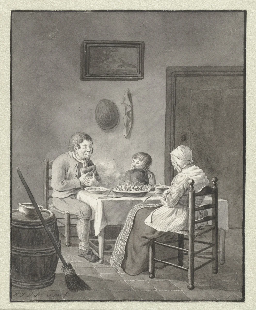 Gebed voor de maaltijd by Hendrik Jan van Amerom, drawing, 1786-1833
