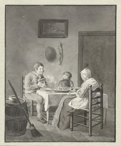 Gebed voor de maaltijd by Hendrik Jan van Amerom, drawing, 1786-1833