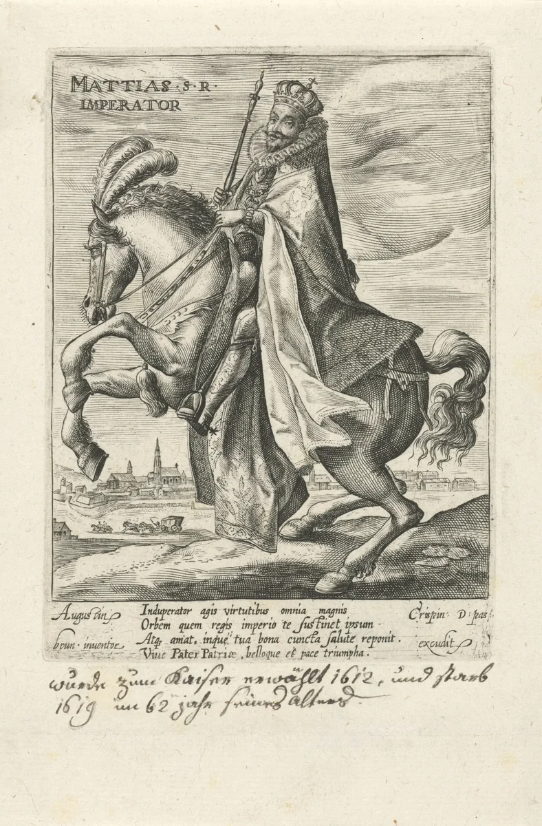 Matthias van Oostenrijk te paard by Crispijn van de Passe, print, 1612
