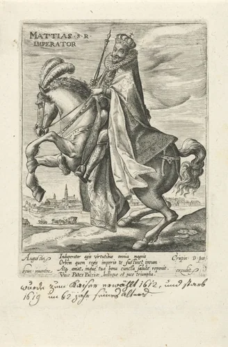 Matthias van Oostenrijk te paard by Crispijn van de Passe, print, 1612
