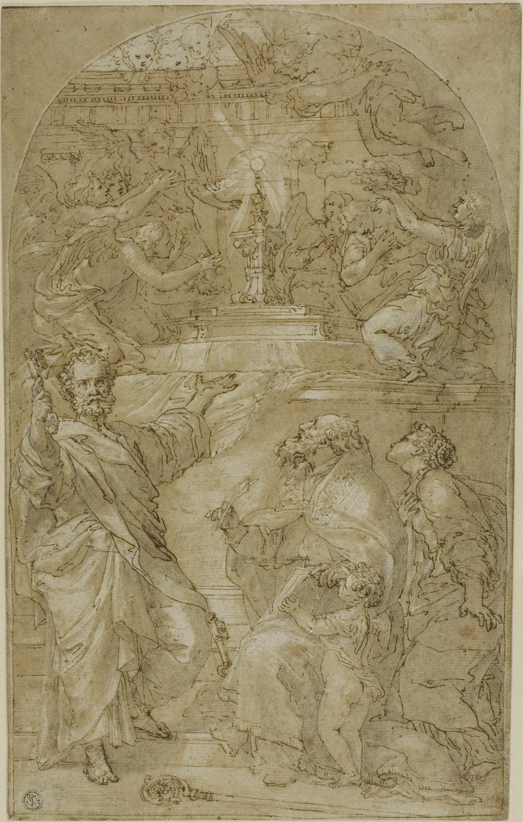 Saint Peter, Saint Augustine and a Female Saint in Adoration of the Eucharist by Unknown Artist, drawing, 1600-1699