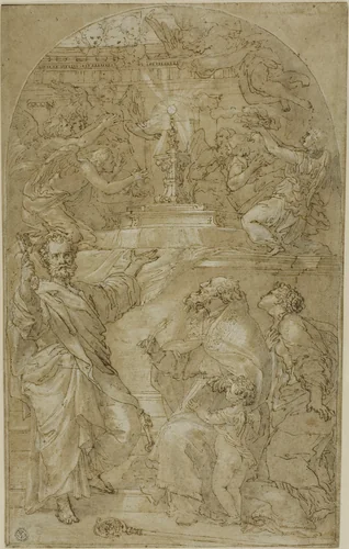 Saint Peter, Saint Augustine and a Female Saint in Adoration of the Eucharist by Unknown Artist, drawing, 1600-1699