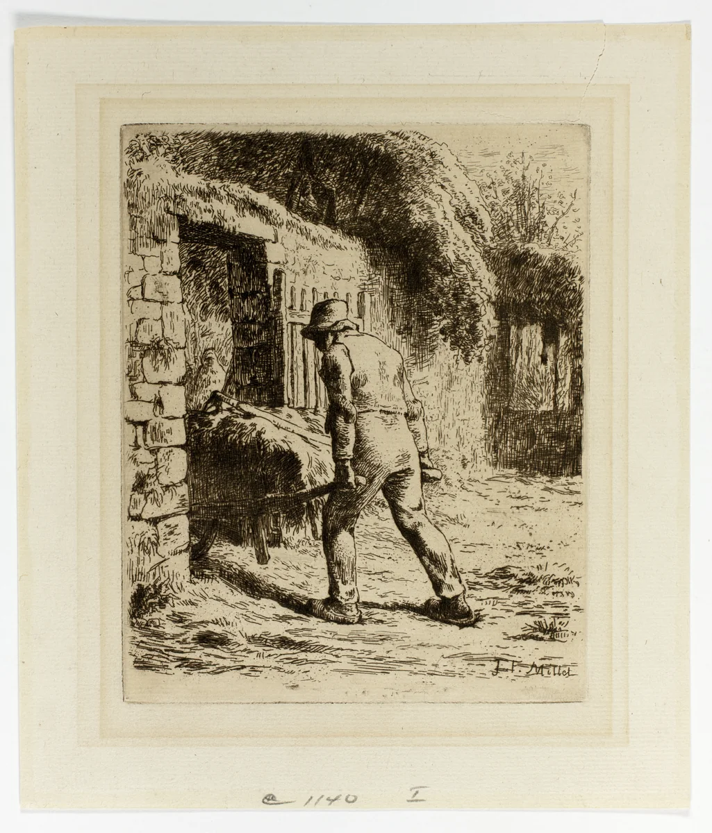 Peasant with a Wheelbarrow by Jean-François Millet, print, 1855