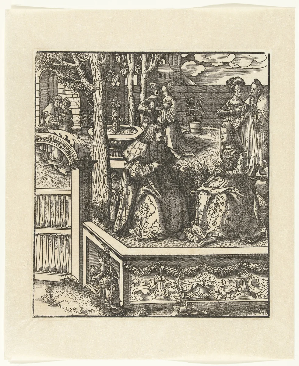 Maximiliaan en Maria van Bourgondië leren elkaar hun taal by Leonhard Beck, print, 1512-1516