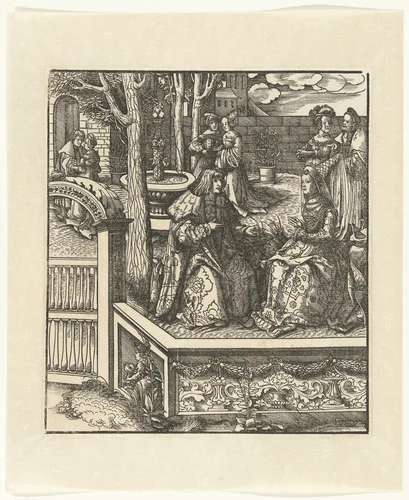 Maximiliaan en Maria van Bourgondië leren elkaar hun taal by Leonhard Beck, print, 1512-1516