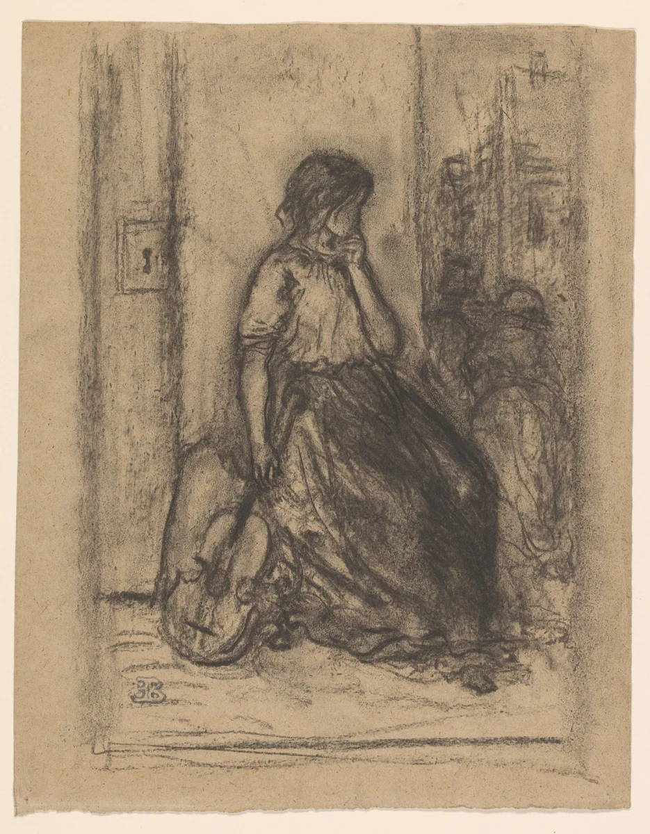 Zittende straatmuzikante met een viool by Eugène François de Block, drawing, 1822-1893
