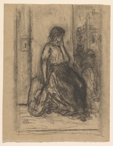 Zittende straatmuzikante met een viool by Eugène François de Block, drawing, 1822-1893