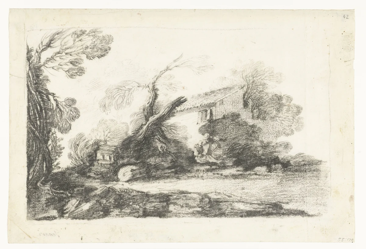 Landschap met boerenhuis by Cesare Gennari, drawing, 1647-1688