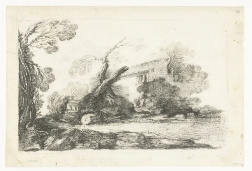 Landschap met boerenhuis by Cesare Gennari, drawing, 1647-1688