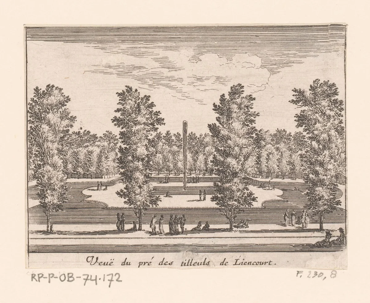 Gezicht op weide met lindebomen bij Rochefoucauld by Israël Silvestre, print, 1631-1691