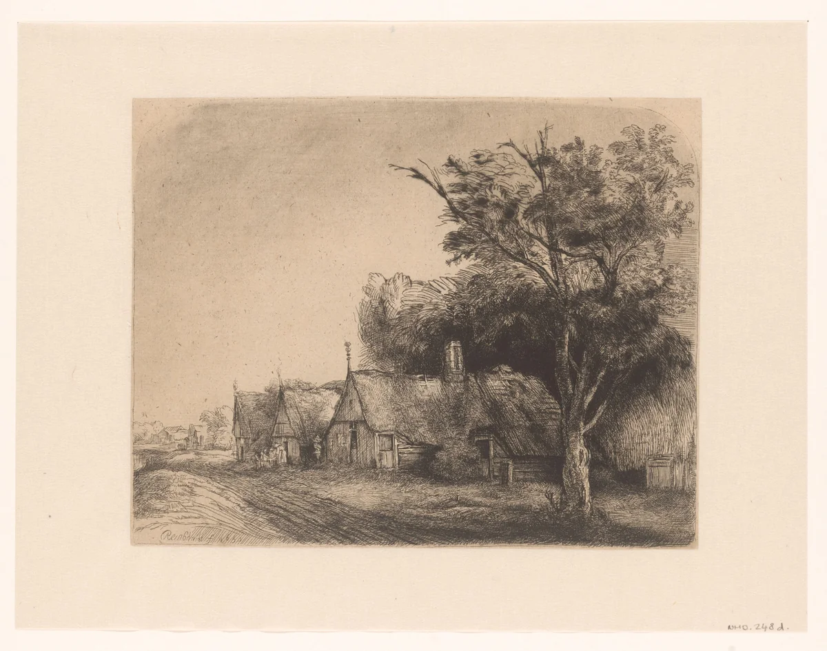 Landscape with three gabled cottages beside a road by anonymous, print, 1650