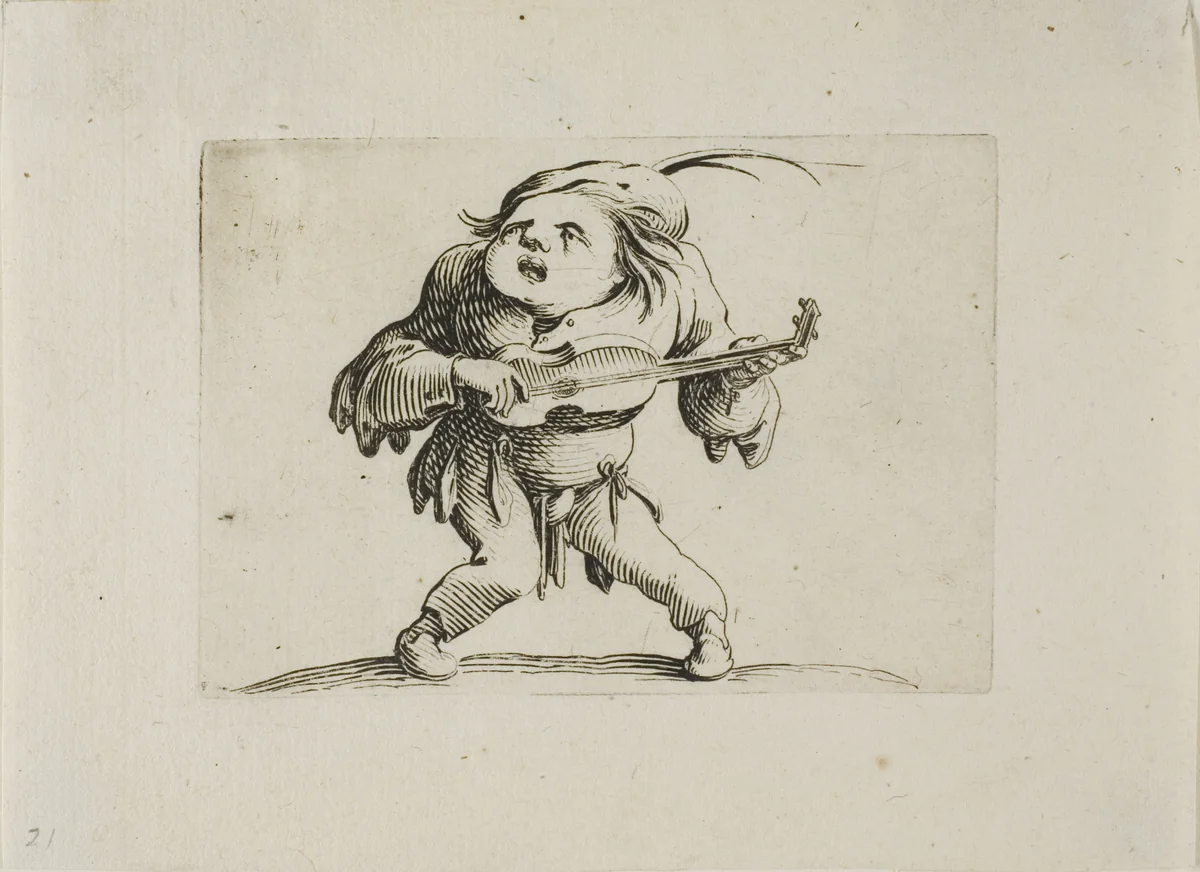 The Wobbly Man Playing the Guitar, from Varie Figure Gobbi by Jacques Callot, print, 1616