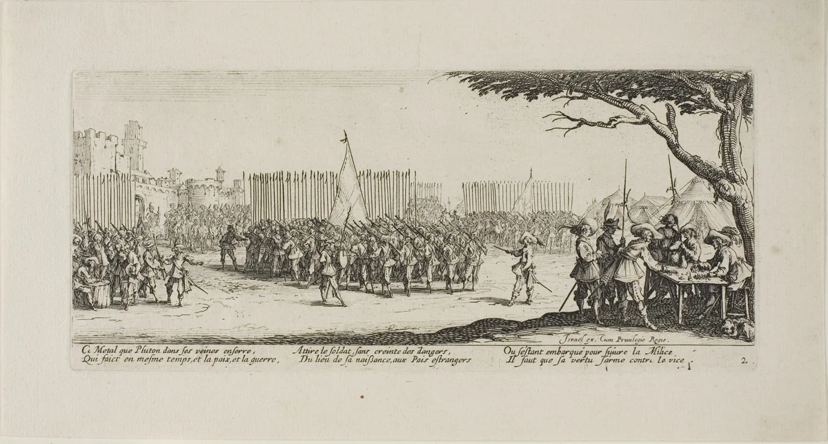 Recruitment of Troops, plate two from The Miseries of War by Jacques Callot, print, 1633