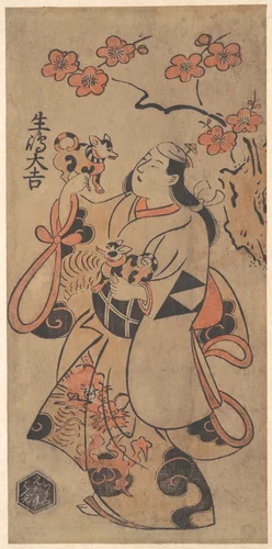 The Actor Ikushima Daikichi as a Woman Standing under an Ume Tree by Torii Kiyonobu I (鳥居 清信), print, 1695-1715