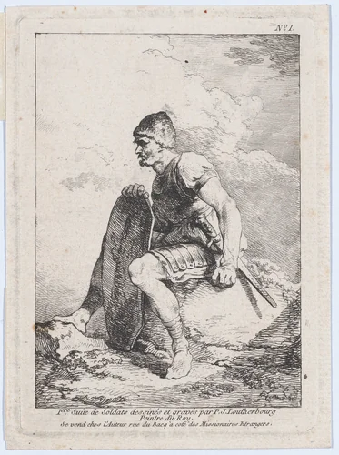 Seated Soldier Holding a Shield by Philippe-Jacques de Loutherbourg, print, 1755-1771