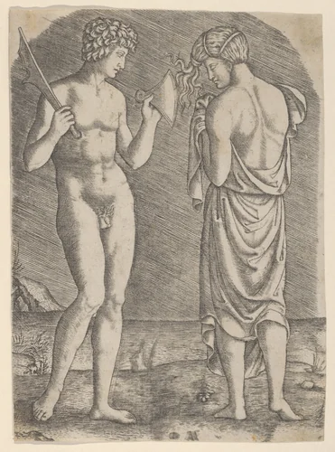A naked man at left showing an axe to a woman at right by Marcantonio Raimondi, print, 1505-1515