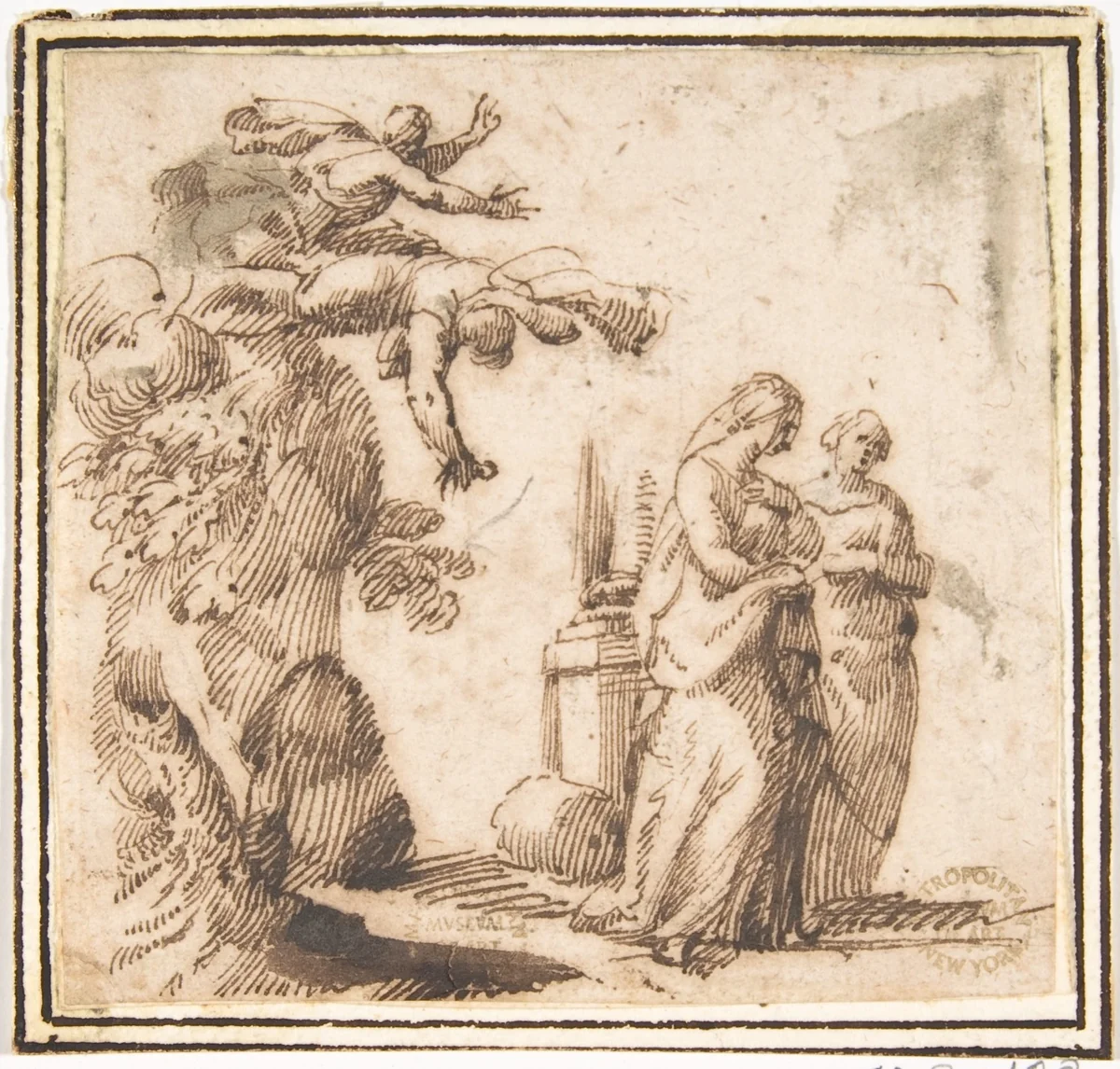 Unidentified Subject (Two Falling Figures and Two Standing Women in a Landscape) by Francesco Allegrini, drawing, 1624-1663