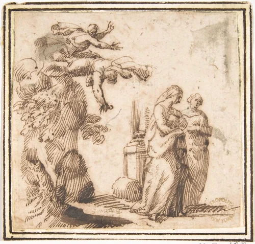 Unidentified Subject (Two Falling Figures and Two Standing Women in a Landscape) by Francesco Allegrini, drawing, 1624-1663