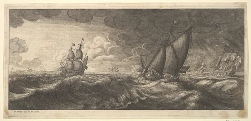 A yacht and three warships in a storm by Wenceslaus Hollar, print, 1665