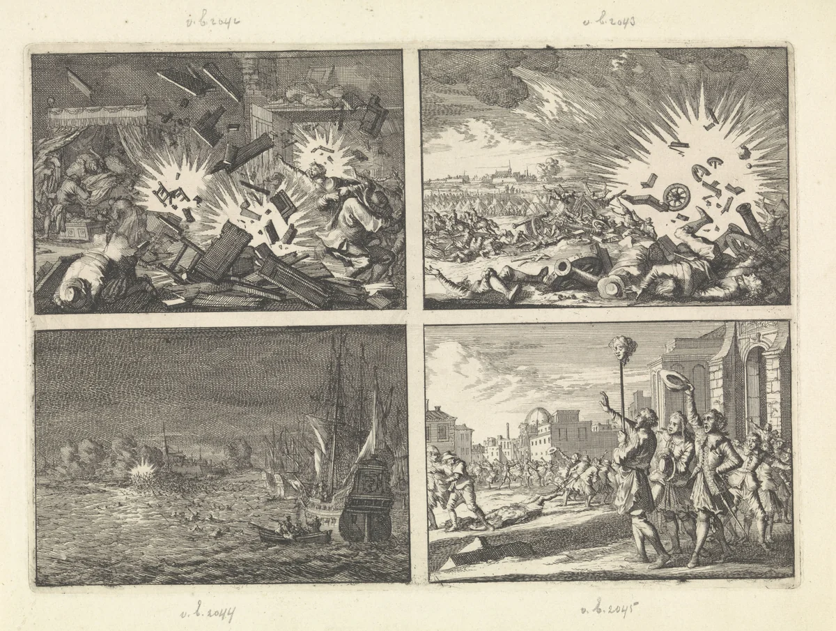 Tijdens het beleg van Riga ontploft een bom in een woning, 1656 / Ontploffing van een Frans kruitmagazijn tijdens het beleg van Namen, 1640 / Oostende door de Spanjaarden veroverd op de Fransen, 1658 / Hoofd van de gedode Masaniello wordt te Napels op een piek rondgedragen, 1647 by Caspar Luyken, print, 1698