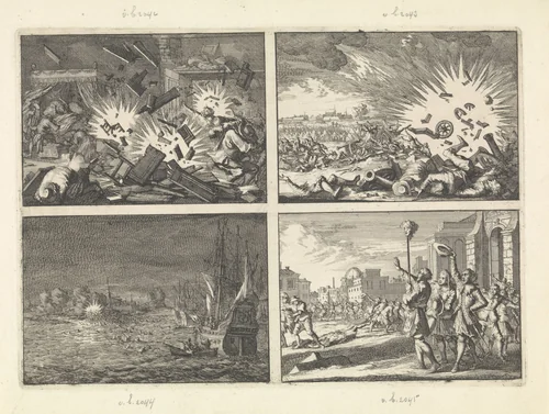 Tijdens het beleg van Riga ontploft een bom in een woning, 1656 / Ontploffing van een Frans kruitmagazijn tijdens het beleg van Namen, 1640 / Oostende door de Spanjaarden veroverd op de Fransen, 1658 / Hoofd van de gedode Masaniello wordt te Napels op een piek rondgedragen, 1647 by Caspar Luyken, print, 1698