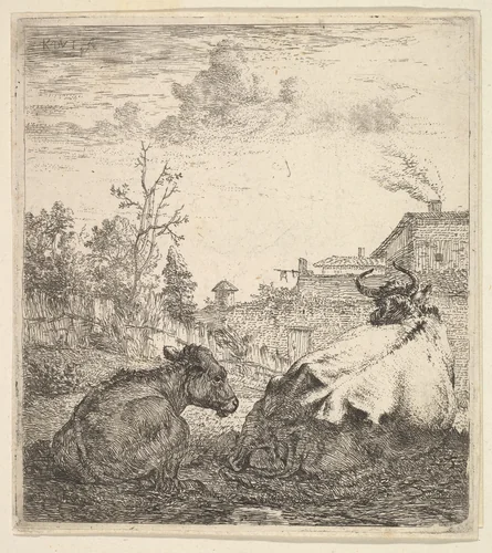 The Cow and the Calf by Karel Dujardin, print, 1622-1678
