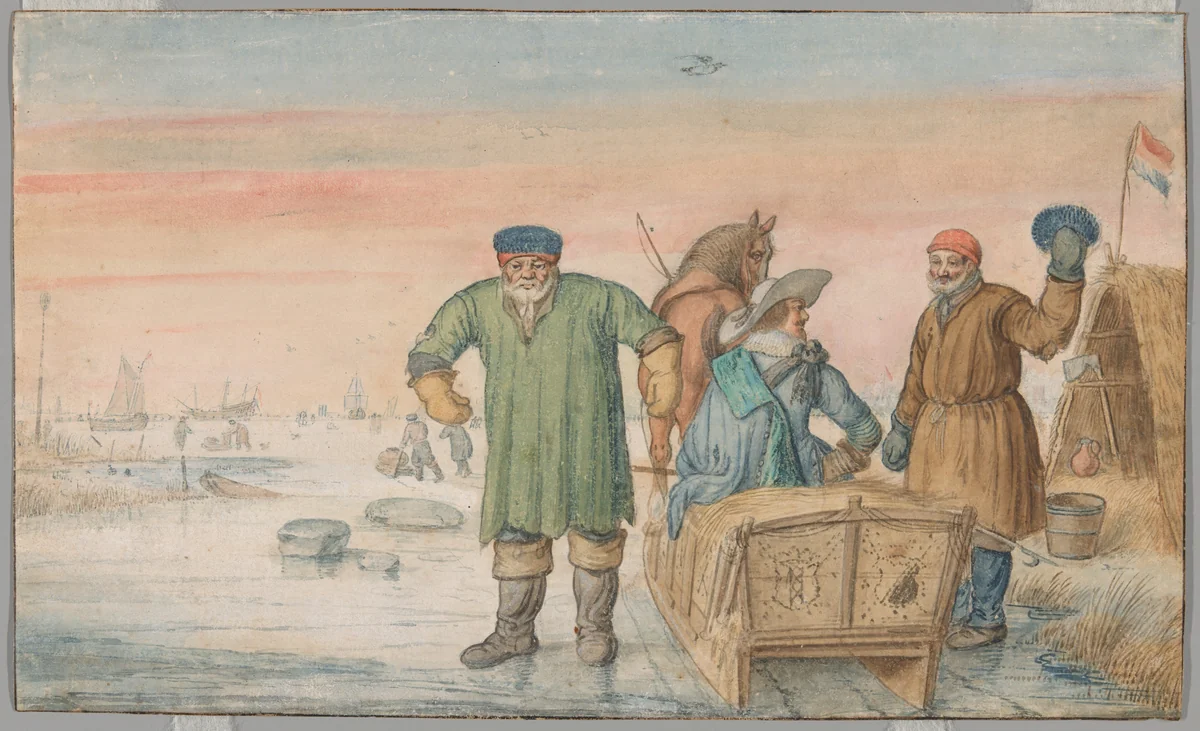 Two Old Men beside a Sled Bearing the Coats of Arms of Amsterdam and Utrecht by Hendrick Avercamp, painting, 1620-1633