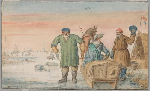 Two Old Men beside a Sled Bearing the Coats of Arms of Amsterdam and Utrecht by Hendrick Avercamp, painting, 1620-1633