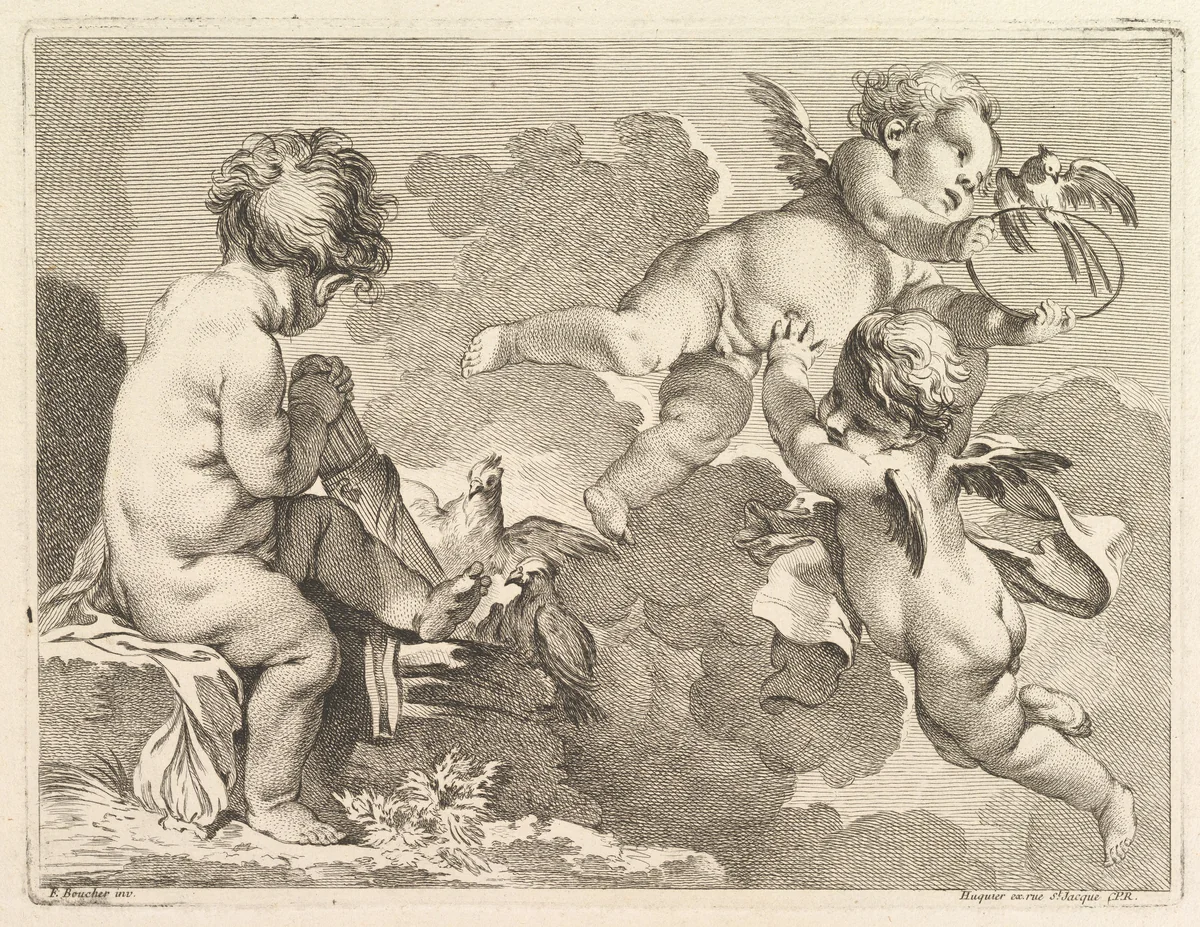 Three Loves, one of which is seated, holding a quiver by Pierre Alexandre Aveline, print, 1727-1760