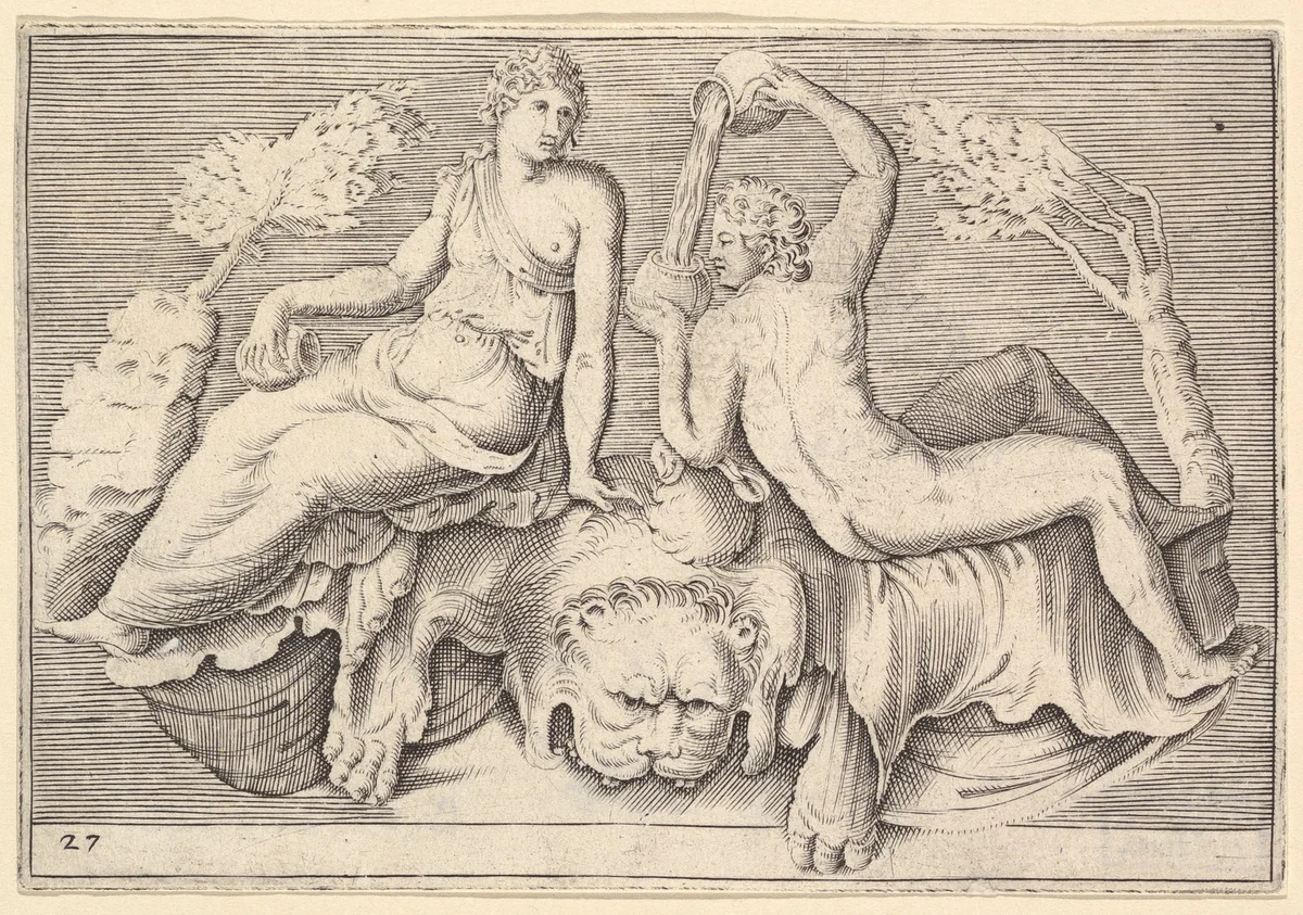 Woman and Man Seated on Lionskin, Man Pouring Wine, from "Ex Antiquis Cameorum et Gemmae Delineata/ Liber Secundus/et ab Enea Vico Parmen Incis" by anonymous, print, 1599-1622
