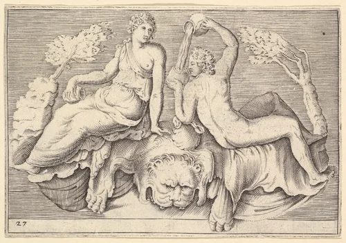 Woman and Man Seated on Lionskin, Man Pouring Wine, from "Ex Antiquis Cameorum et Gemmae Delineata/ Liber Secundus/et ab Enea Vico Parmen Incis" by anonymous, print, 1599-1622