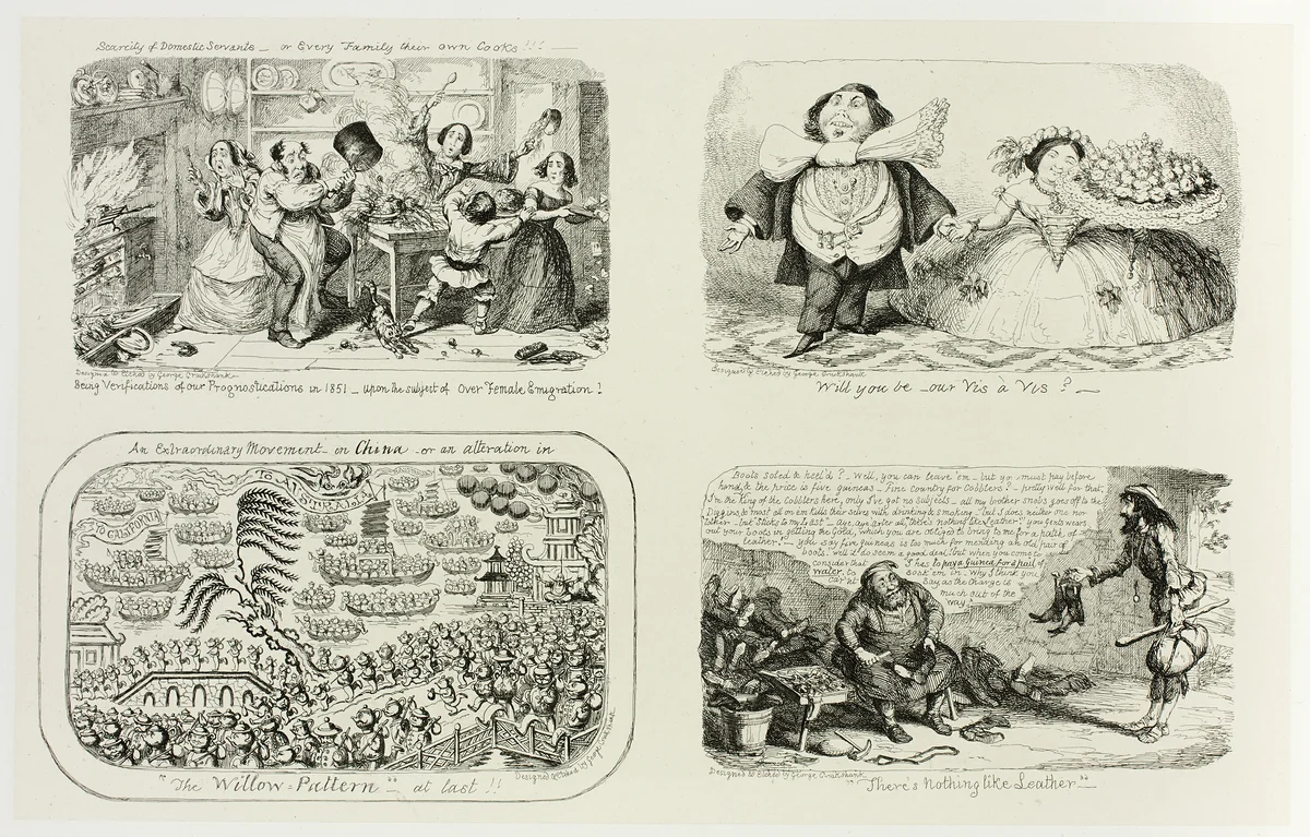 Scarcity of Domestic Services, or Every Family Their Own Cooks!!! from George Cruikshank's Steel Etchings to The Comic Almanacks: 1835-1853 (top left) by George Cruikshank, print, 1853