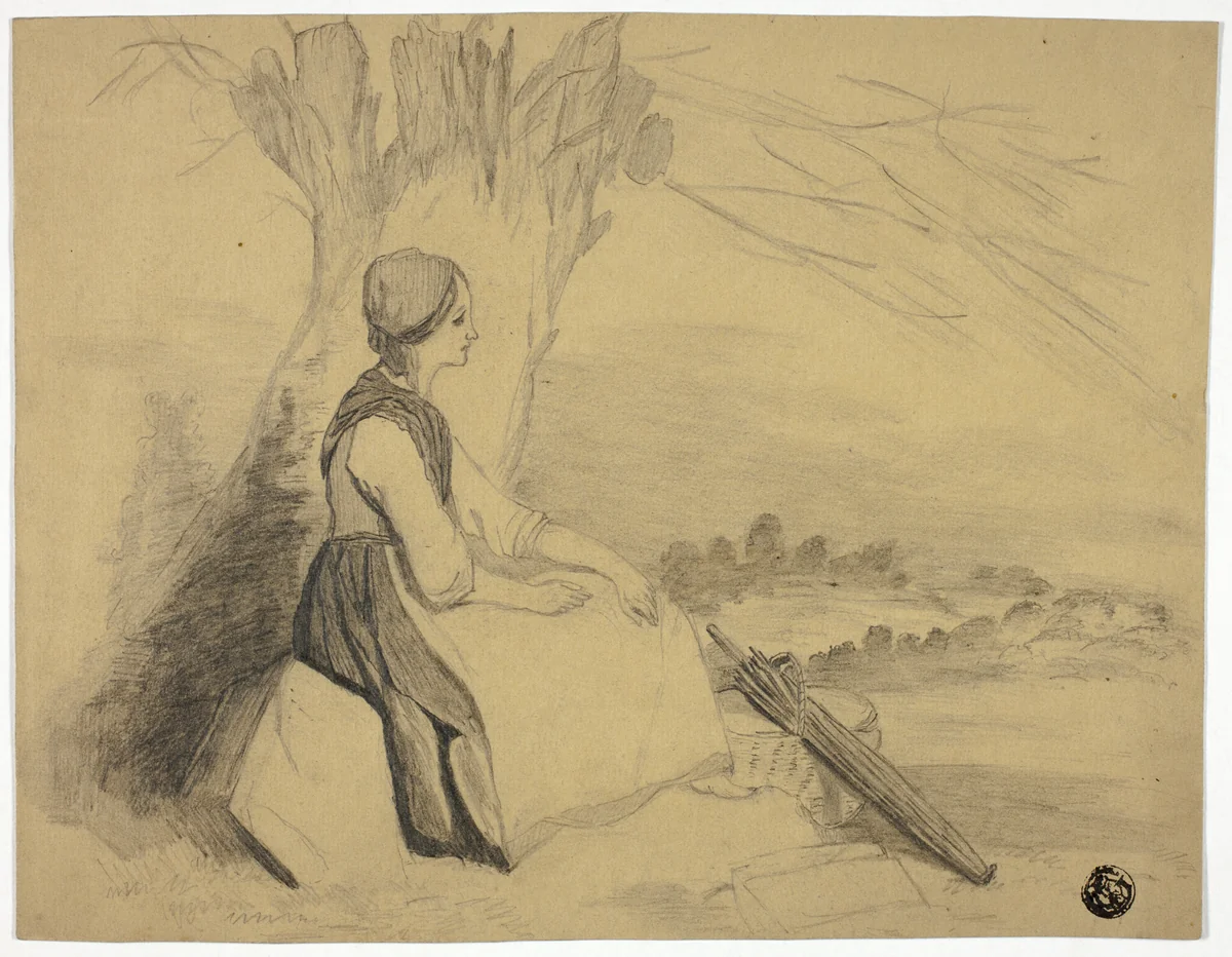 Seated Girl with Basket by Edith Langdale, drawing, 1876