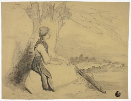 Seated Girl with Basket by Edith Langdale, drawing, 1876