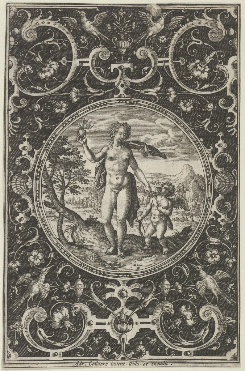 Venus and Cupid in a Decorative Frame with Grotesques, from the Judgment of Paris by Adriaen Collaert, print, 1575-1605