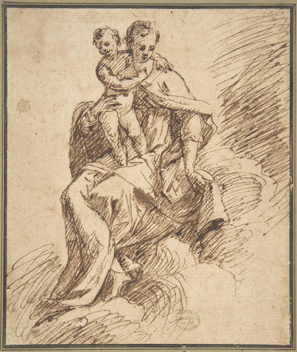 Madonna and Child on Clouds by anonymous, drawing, 1500-1600