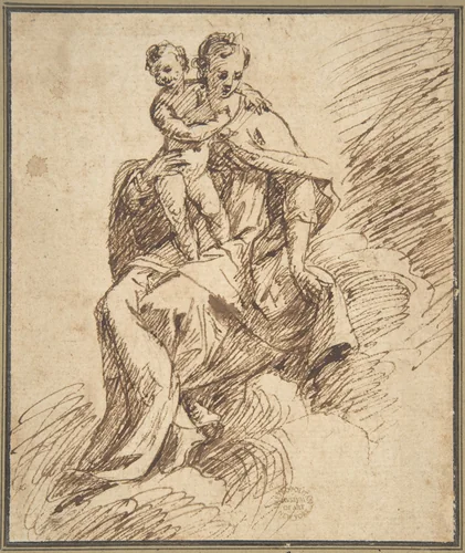 Madonna and Child on Clouds by anonymous, drawing, 1500-1600