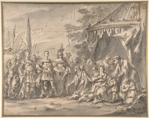 The Family of Darius before Alexander (recto); Sketch of a Horse-Drawn Cart, and Studies of Male Heads and an Infant (verso) by Gaspare Diziani, drawing, 1717