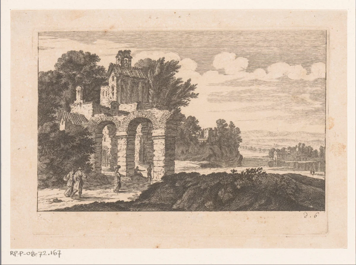 Landschap met ruïne met bogen by Nicolas Perelle, print, 1628-1679