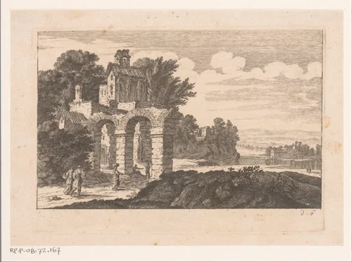 Landschap met ruïne met bogen by Nicolas Perelle, print, 1628-1679
