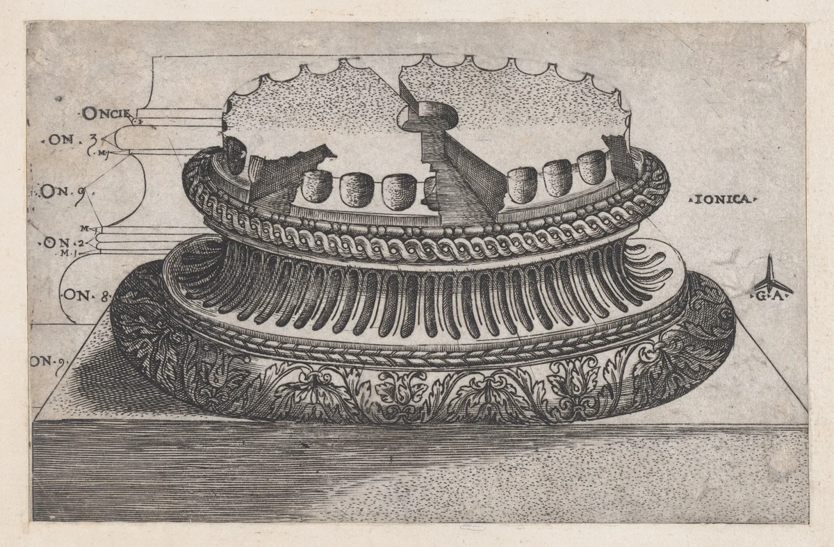 Ionic base, from "Speculum Romanae Magnificentiae" by Monogrammist G.A. with the Caltrop, print, 1534-1540