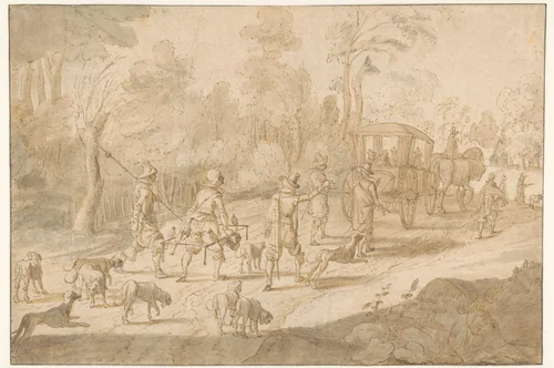 Voornaam gezelschap in een koets, gevolgd door bedienden met valken en jachthonden by Unknown, drawing, 1583